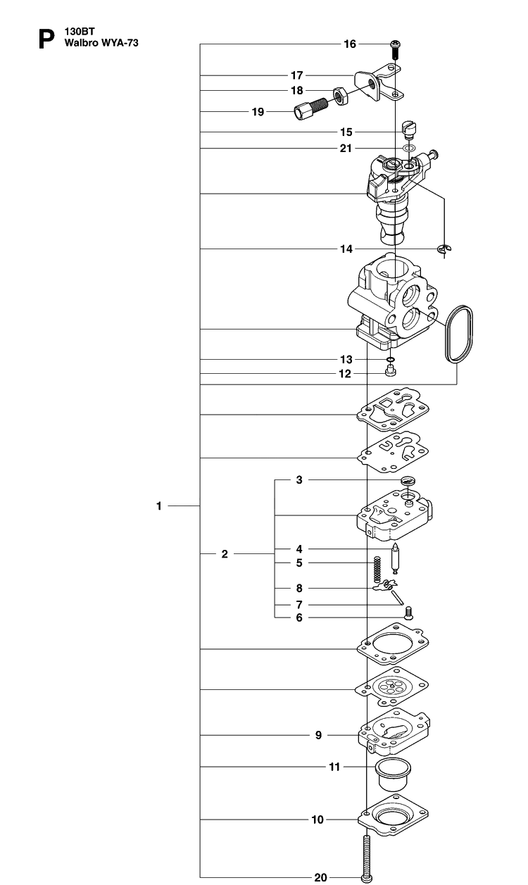 Carburetor Details Diagram and Parts List for 130BT (965102204)(20070100001-20133299999) Husqvarna Leaf Blower / Vacuum