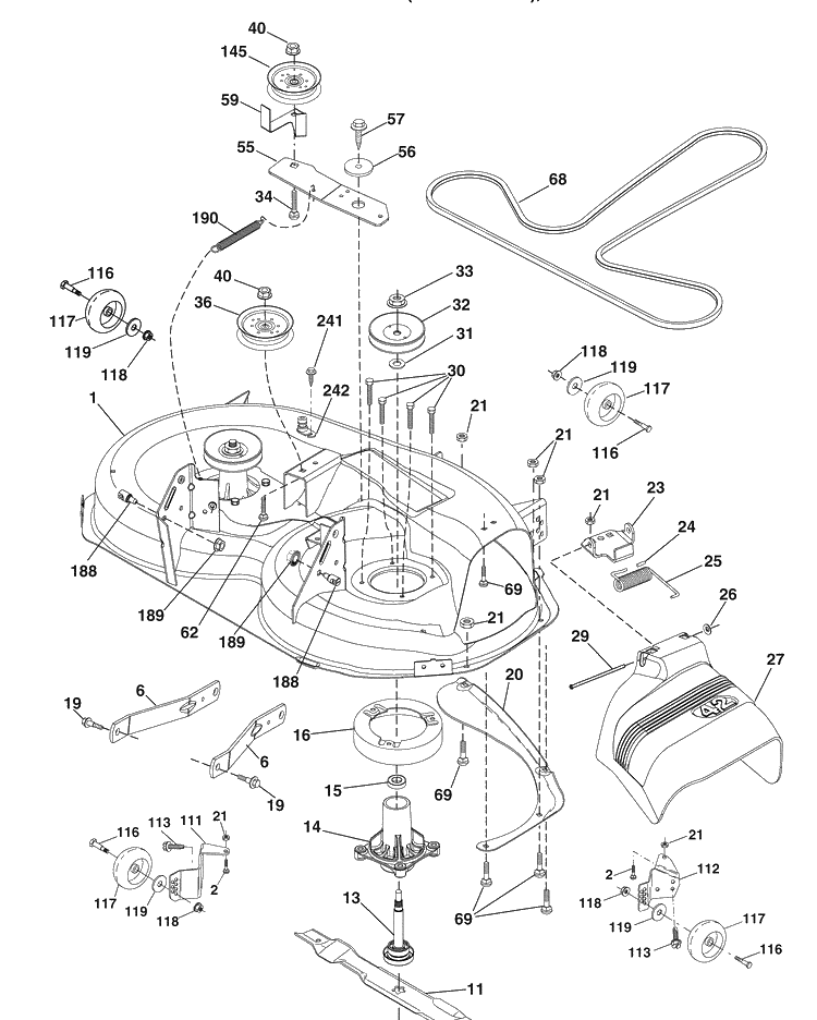 Mower Deck Diagram and Parts List for 2042LS (96043007500)(2008-11) Husqvarna Lawn Mower