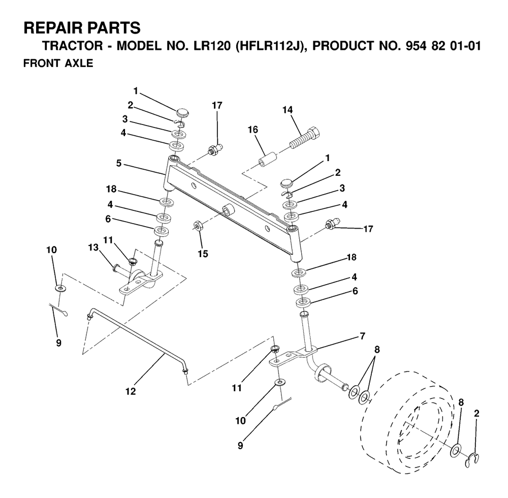 Front Axle Diagram and Parts List for LR120 (954820101-J)(2000-02) Husqvarna Lawn Tractor