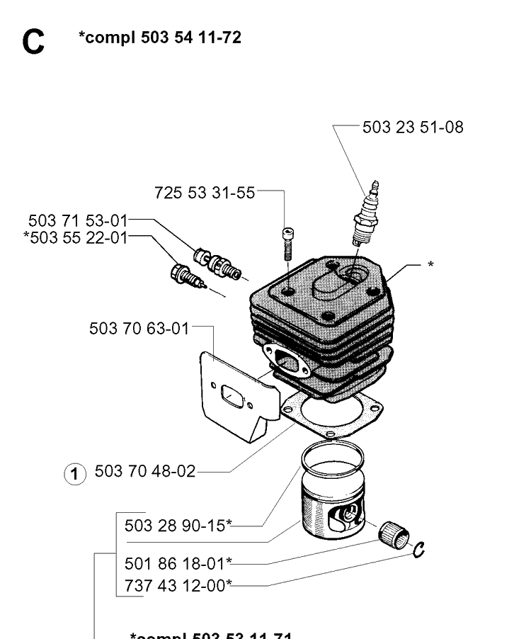 Cylinder Piston Diagram and Parts List for 262XP 19960100001-19981400000 Husqvarna Chainsaw