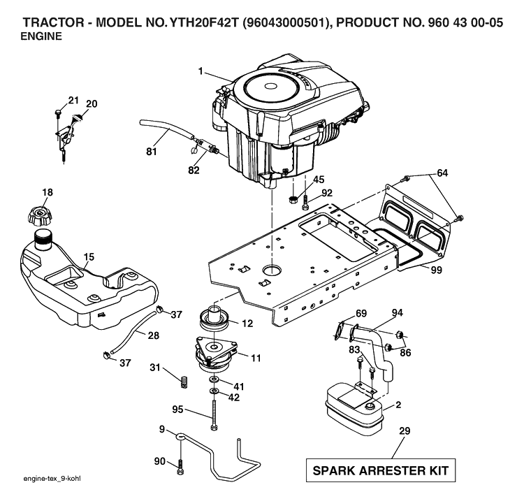 Engine Diagram and Parts List for YTH20F42T (96043000501)(2006-02) Husqvarna Lawn Tractor