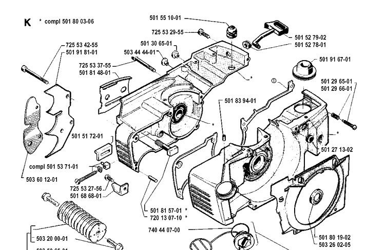 Crankcase Diagram and Parts List for 281 19900100001-19911400000 Husqvarna Chainsaw