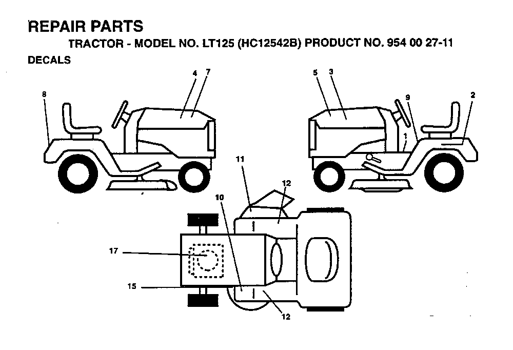 Decals Diagram and Parts List for LT125 (HC12542B, 954002711)(1995-01) Husqvarna Lawn Tractor