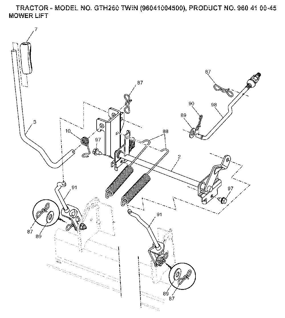 Mower Lift / Deck Lift Diagram and Parts List for GTH260TWIN (96041004500, 960410045)(2007-02) Husqvarna Lawn Tractor