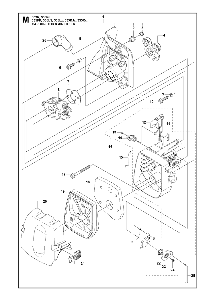 Carburetor And Air Filter Diagram and Parts List for 335FR  Husqvarna Brush Cutter