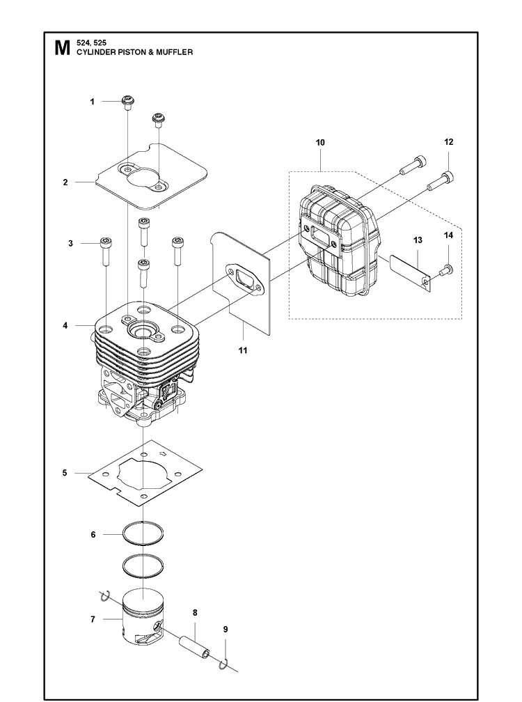 Cylinder Piston Muffler Diagram and Parts List for 525LS 2013-03 Husqvarna Brush Cutter