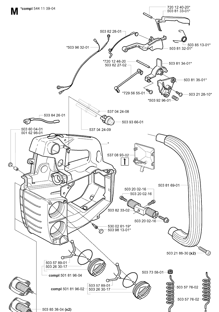 Fuel Tank And Handle Diagram and Parts List for 334T 20034400001-20040100000 Husqvarna Chainsaw