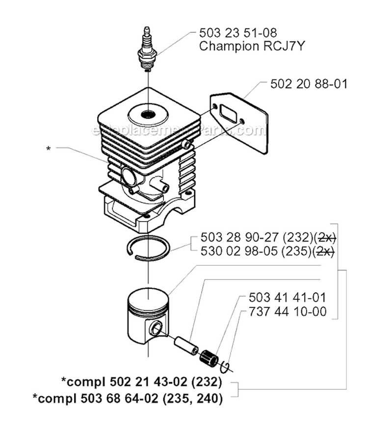 Cylinder Piston Diagram and Parts List for 240RJ 2000-04 Husqvarna Brush Cutter