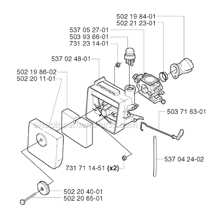 Carburetor  Air Filter Diagram and Parts List for 240RJ 2002-09 Husqvarna Brush Cutter