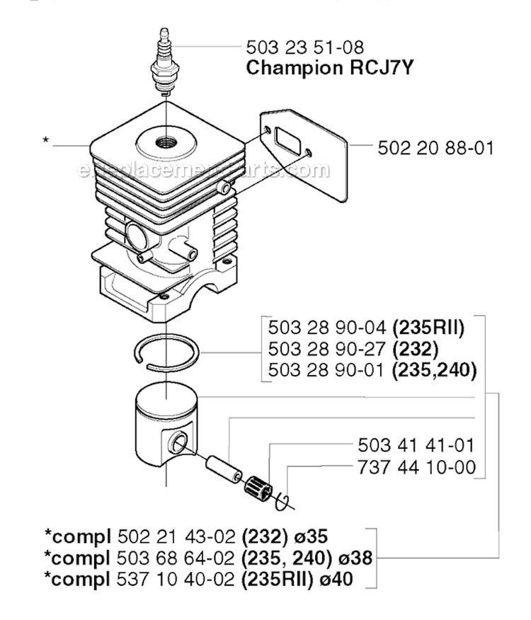 Cylinder Piston Diagram and Parts List for 240RJ 2002-09 Husqvarna Brush Cutter