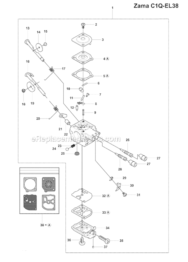 Carburetor Details (Zama C1Q-El38) Diagram and Parts List for 241RJ 2007-11 Husqvarna Brush Cutter