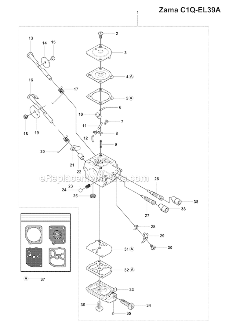 Carburetor Details (Zama C1Q-El39A) Diagram and Parts List for 241R 2007-11 Husqvarna Brush Cutter