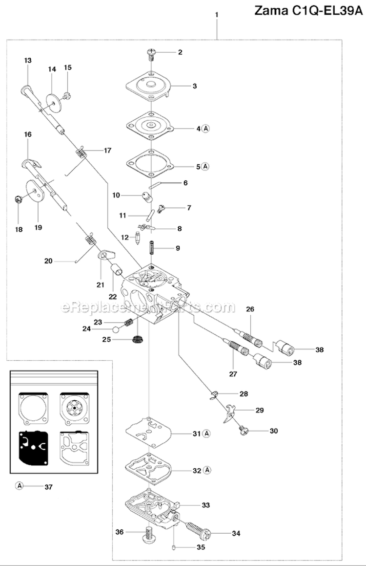 Carburetor Details (Zama C1Q-El39A) Diagram and Parts List for 241R 2009-09 Husqvarna Brush Cutter