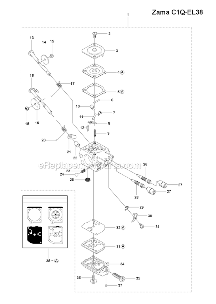 Carburetor (Zama C1Q-El38) Diagram and Parts List for 241R 2010-11 Husqvarna Brush Cutter