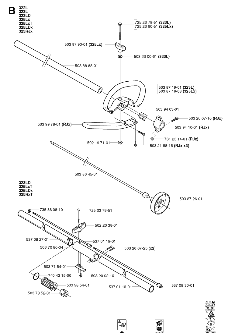 Shaft And Handle 3 Diagram and Parts List for 325RDX 20020100001-20051800000 Husqvarna Brush Cutter