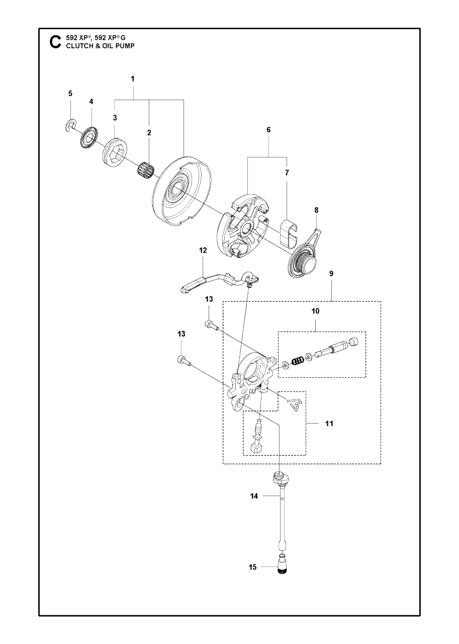 Clutch And Oil Pump Diagram and Parts List for 592XP-XPG  Husqvarna Chainsaw