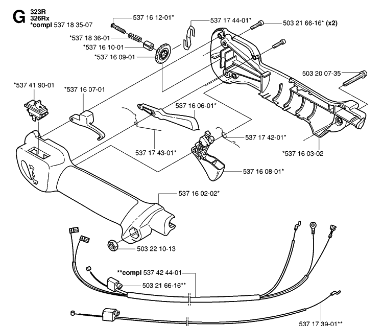 Handle And Controls Diagram and Parts List for 326RX 20061400001-20070100000 Husqvarna Brush Cutter