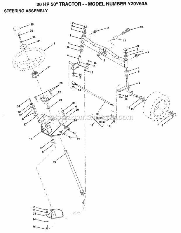 20 Hp 50" Steering Assembly Diagram and Parts List for Y20V50A 1994 Husqvarna Lawn Tractor