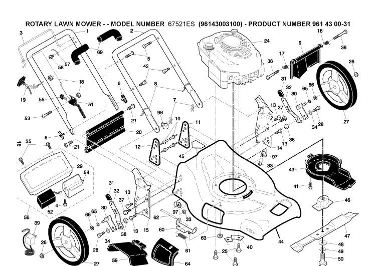 Frame Diagram and Parts List for 67521ES 2008-01 Husqvarna Lawn Mower