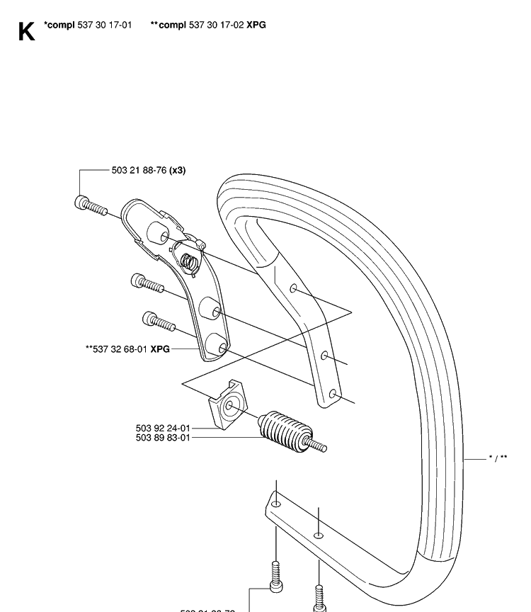 Handle Diagram and Parts List for 346XP 20070500001-20071300000 Husqvarna Chainsaw