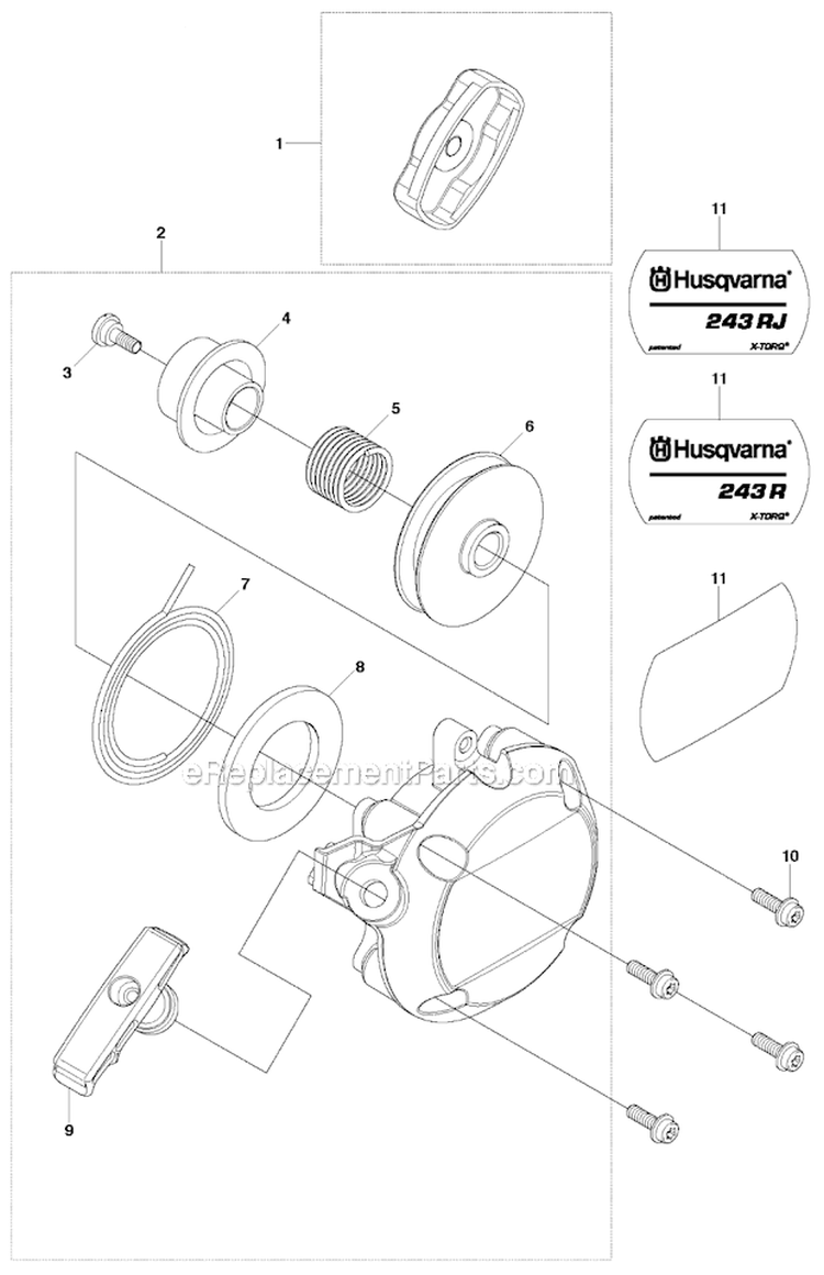 Starter Diagram and Parts List for 243R 2011-08 Husqvarna Brush Cutter