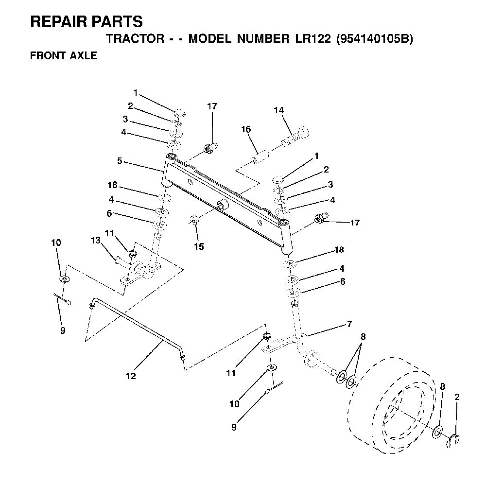 Front Axle Diagram and Parts List for LR122 (954140105B)(2000-01) Husqvarna Lawn Tractor