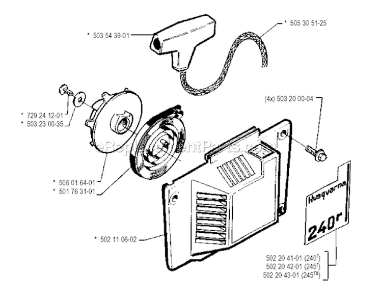 Starter Diagram and Parts List for 245RX 1990-01 Husqvarna Brush Cutter