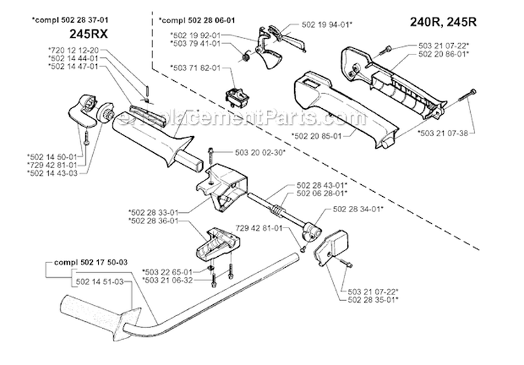 Handle  Controls Diagram and Parts List for 245RX 1996-06 Husqvarna Brush Cutter