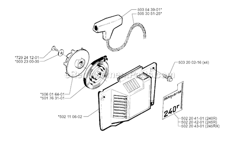 Starter Diagram and Parts List for 245RX 1996-06 Husqvarna Brush Cutter