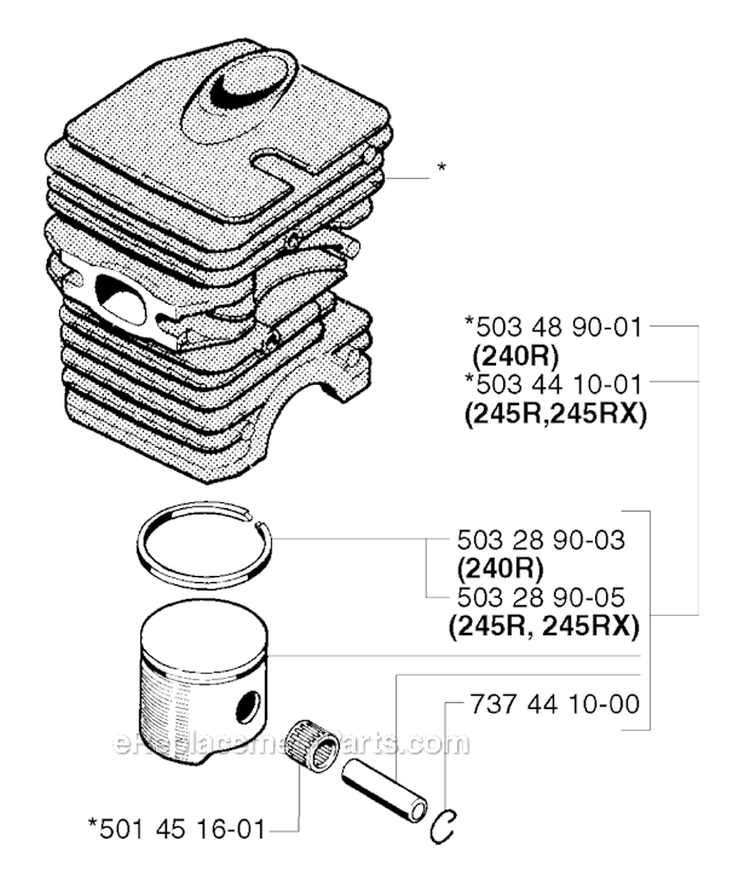 Cylinder Piston Diagram and Parts List for 245RX 2002-08 Husqvarna Brush Cutter