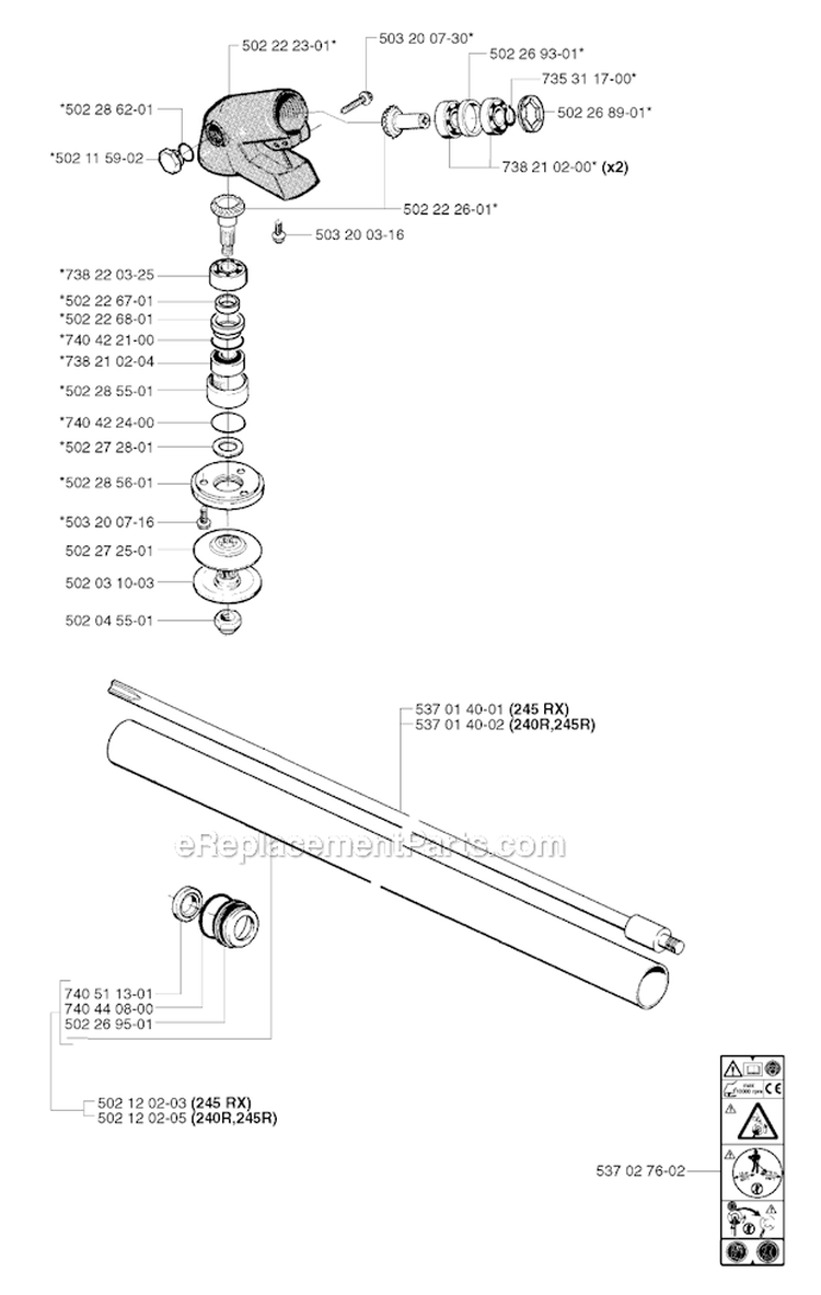Bevel Gear  Shaft Diagram and Parts List for 245RX 2002-08 Husqvarna Brush Cutter