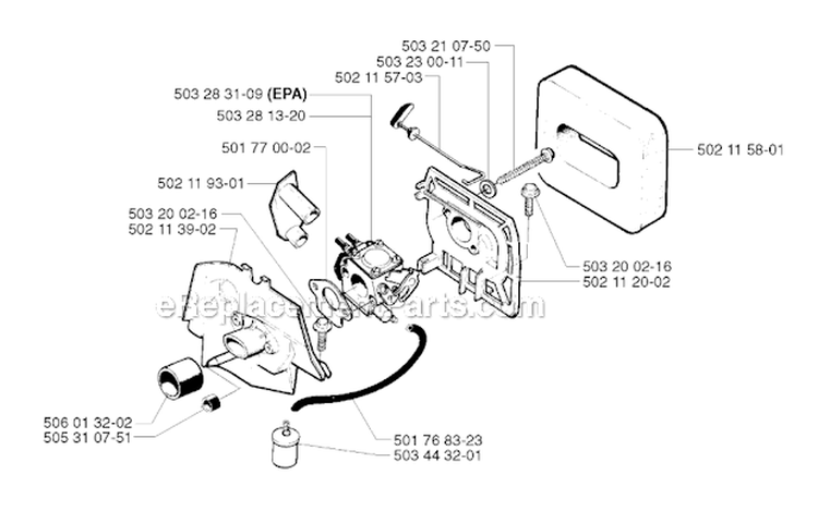 Carburetor  Air Filter Diagram and Parts List for 245RX 2002-08 Husqvarna Brush Cutter