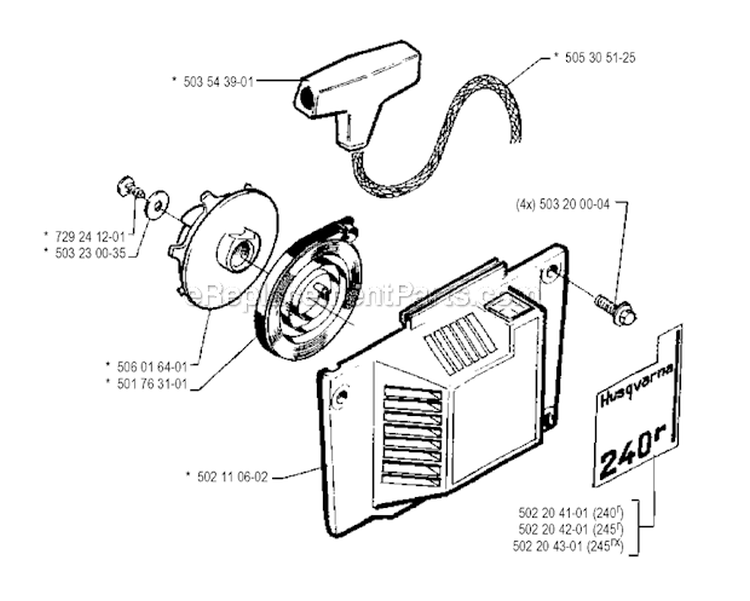 Starter Diagram and Parts List for 245R 1990-01 Husqvarna Brush Cutter