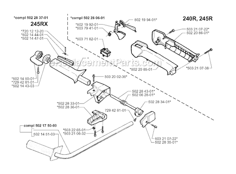 Handle  Controls Diagram and Parts List for 245R 1996-06 Husqvarna Brush Cutter