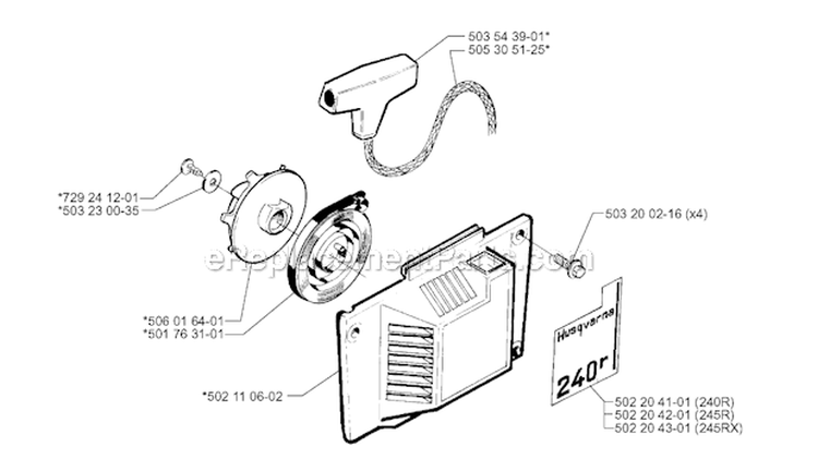 Starter Diagram and Parts List for 245R 1996-06 Husqvarna Brush Cutter