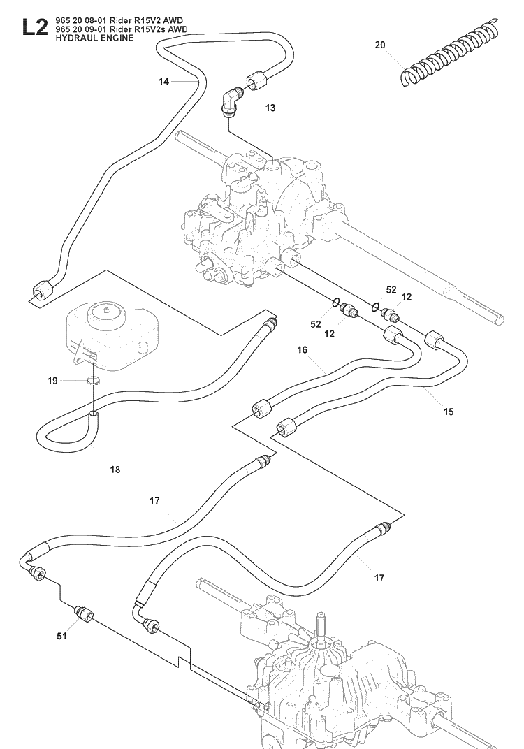 Hydraulic Pump - Motor 2 Diagram and Parts List for RIDER15V2AWD (965200901)(2008-01) Husqvarna Lawn Mower