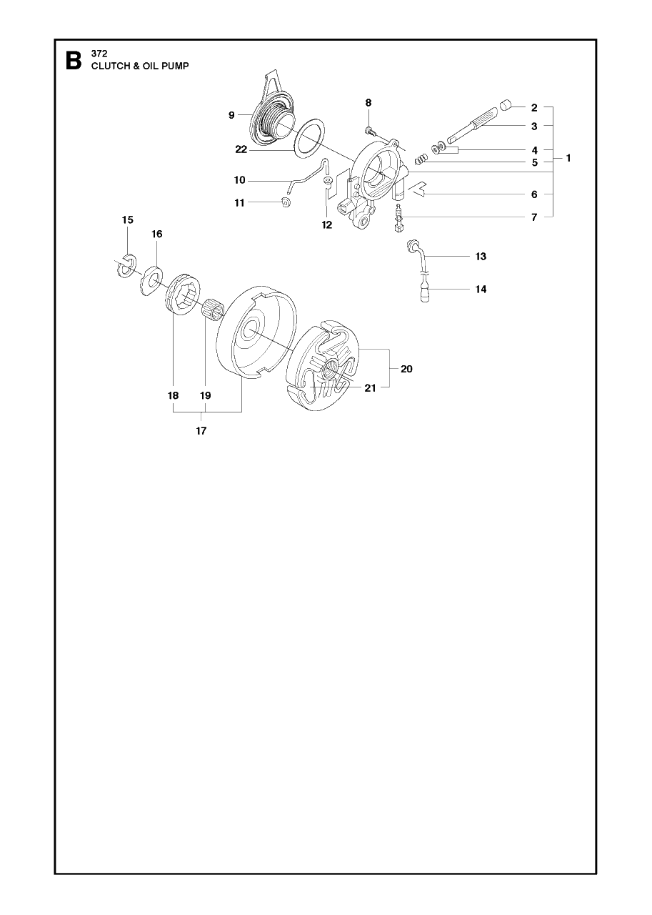 Clutch And Oil Pump Diagram and Parts List for 372XP-XPG 20111800001 & Above Husqvarna Chainsaw