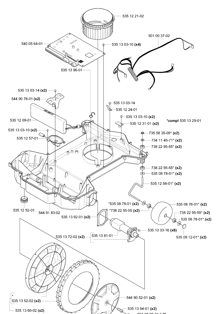 Lower Chassis/Wheels Diagram and Parts List for 220AC 2007-02 Husqvarna Lawn Mower