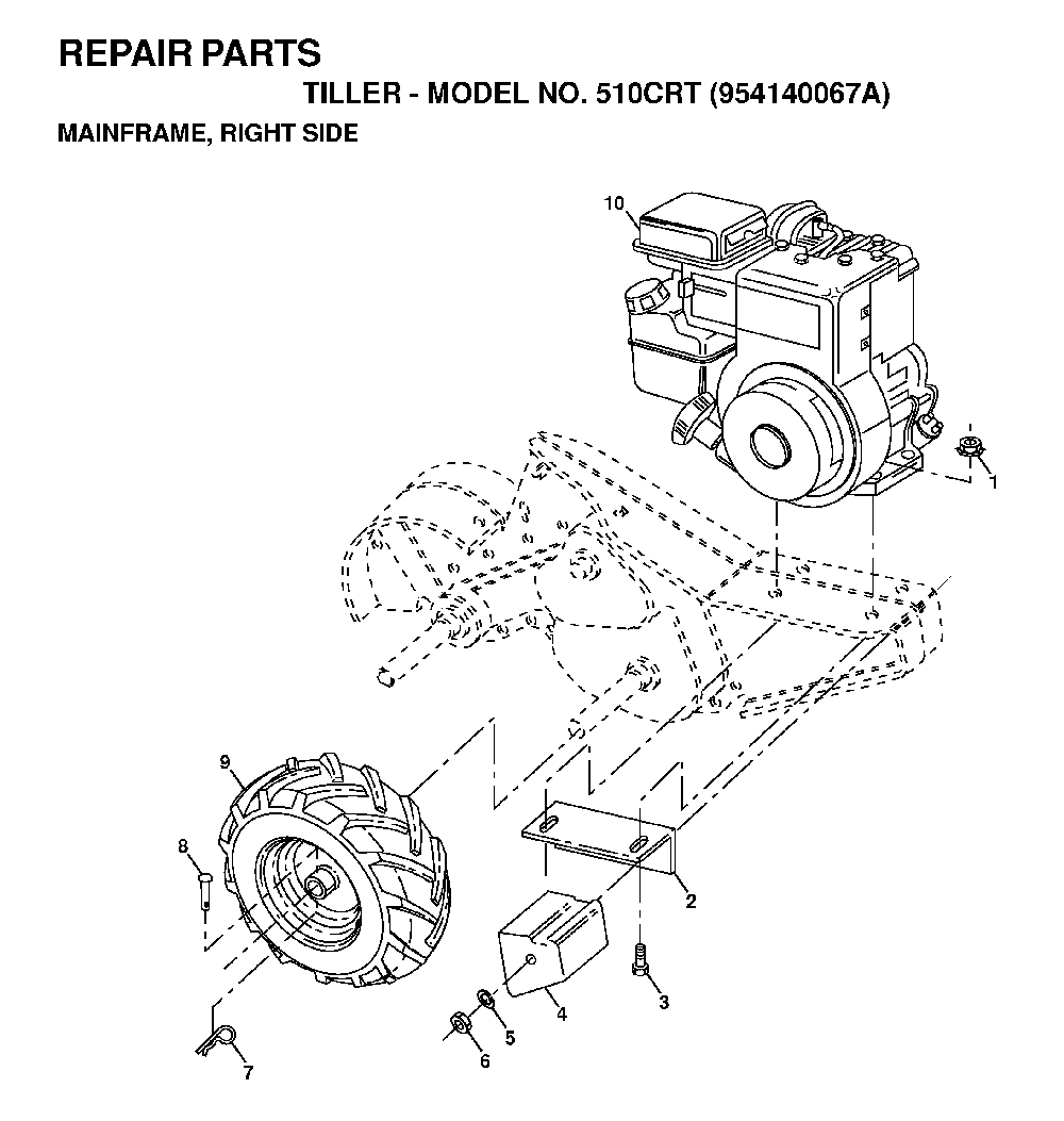 Mainframe, Right Side Diagram and Parts List for 510CRT (954140067A)(1998-02) Husqvarna Tiller