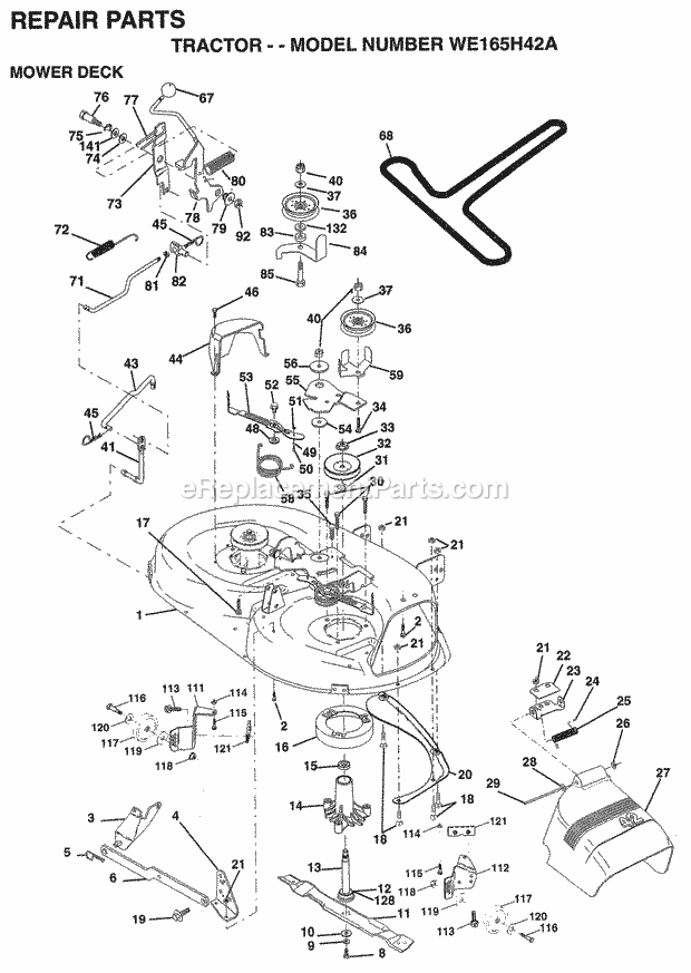 Mower Deck Diagram and Parts List for WE165H42A 1998 Husqvarna Lawn Tractor