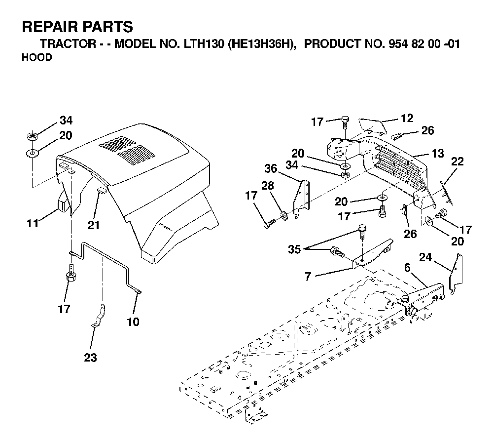 Hood Diagram and Parts List for LTH130 (HE13H36H, 954820001)(2000-02) Husqvarna Lawn Tractor