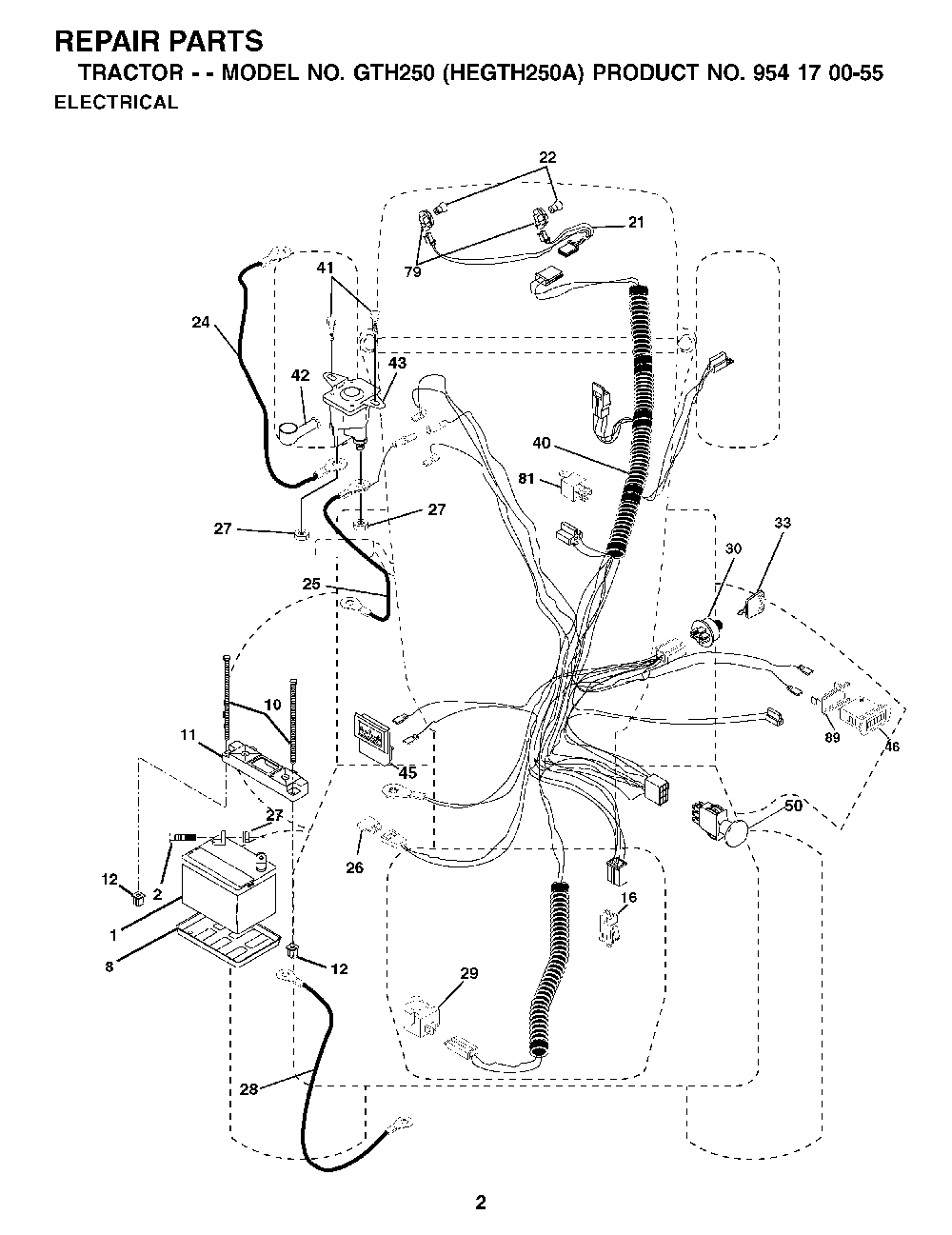 Electrical Diagram and Parts List for GTH250 (HEGTH250A, 954170055)(2002-03) Husqvarna Lawn Tractor
