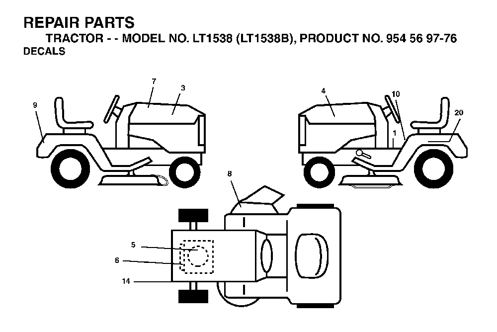 Decals Diagram and Parts List for LT1538 (LT1538B, 954569776)(2002-11) Husqvarna Lawn Tractor
