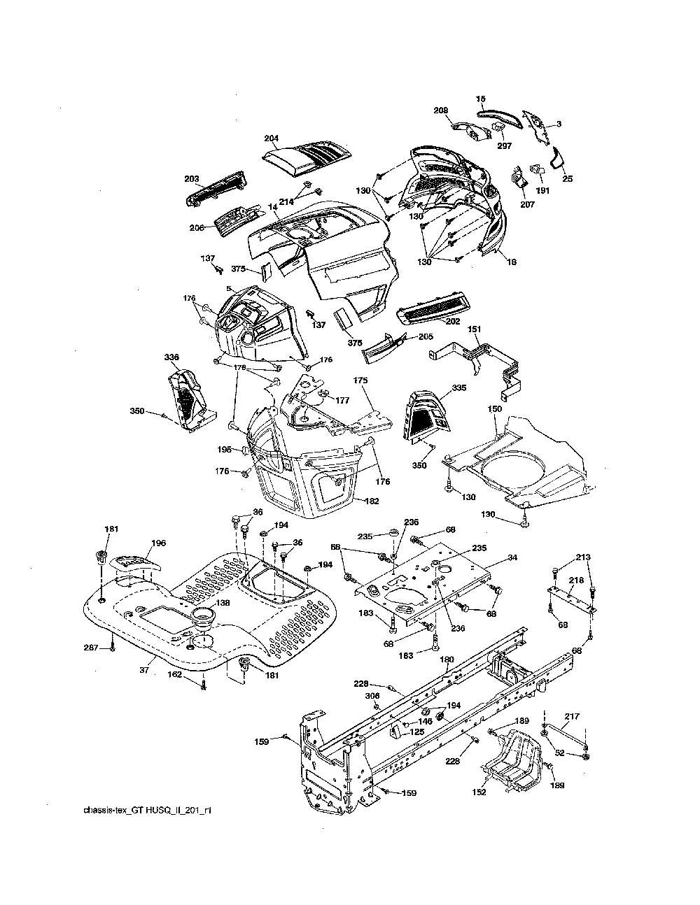 Chassis Diagram and Parts List for YTH1842-917223810  Husqvarna Lawn Tractor