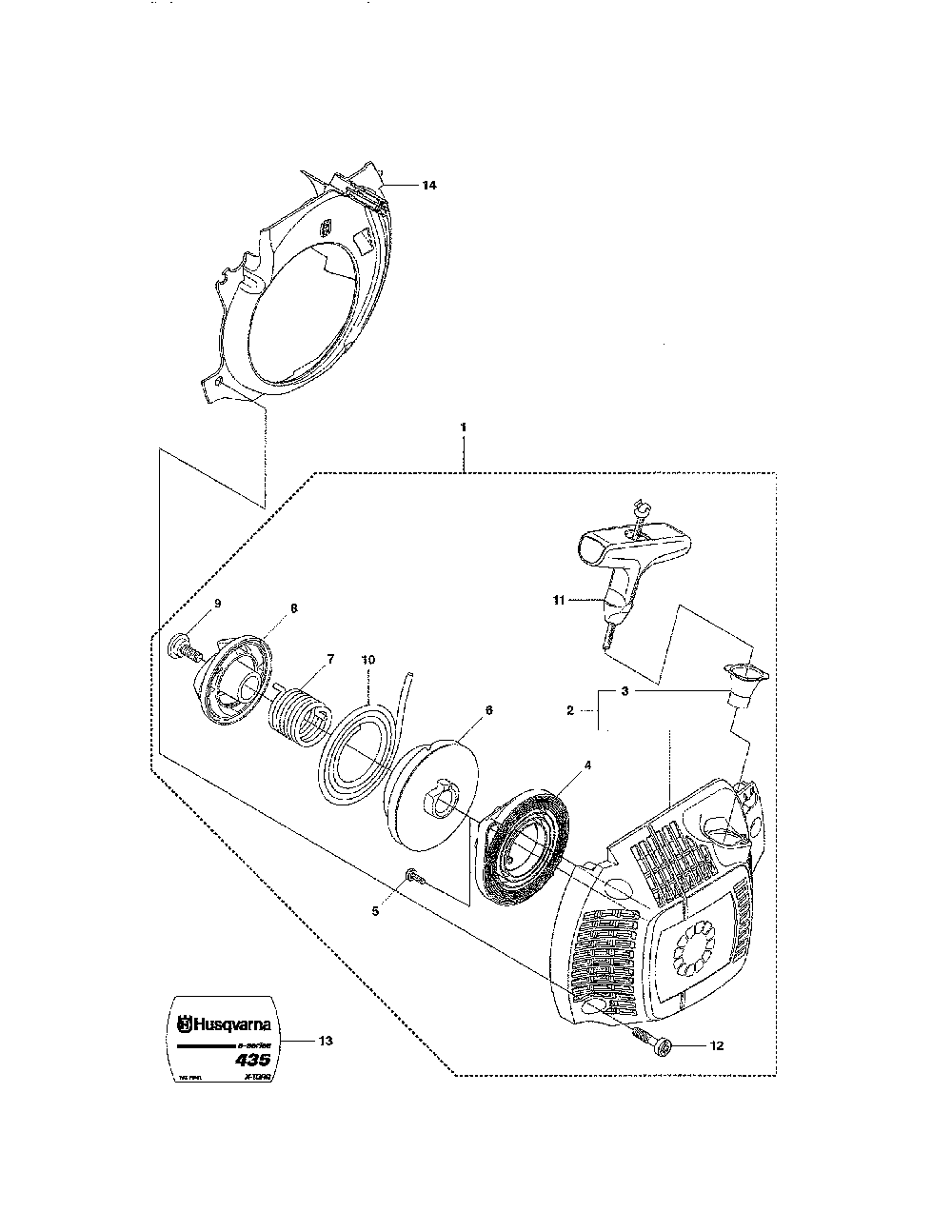 Starter Diagram and Parts List for 965167936  Husqvarna Chainsaw