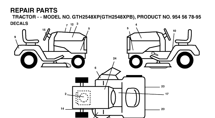 Decals Diagram and Parts List for GTH2548XP-GTH2548XPB 2003-05 Husqvarna Lawn Tractor