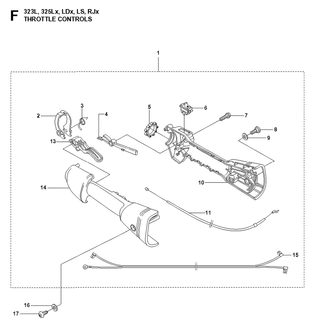 Handle And Controls Diagram and Parts List for 325RJX 20080900001 & Above Husqvarna Trimmer