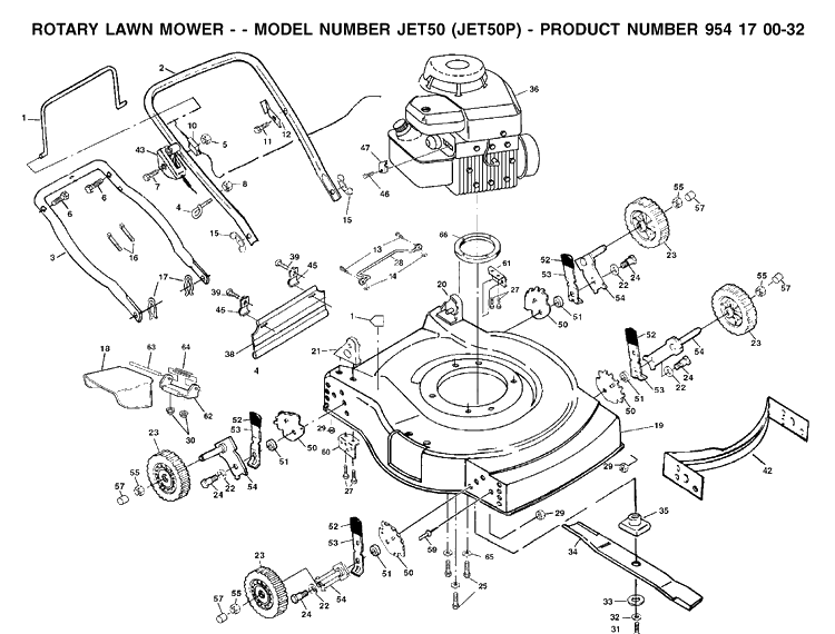 Product Complete Diagram and Parts List for JET50-JET50P 2002-01 Husqvarna Lawn Mower