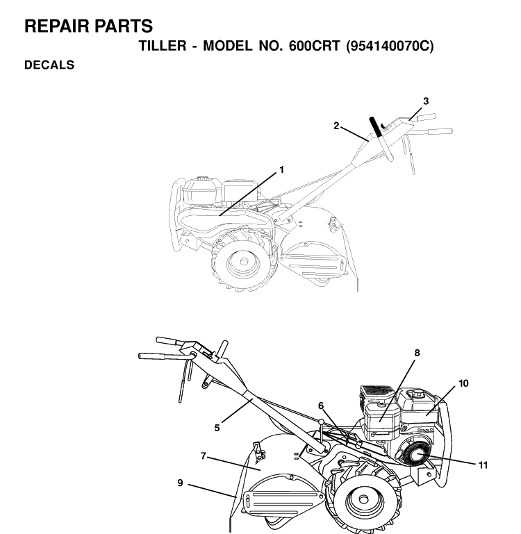 Decals Diagram and Parts List for 600CRT (954140070C)(1999-09) Husqvarna Cultivator