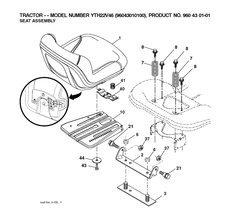 Seat Diagram and Parts List for YTH22V46 (96043010100)(2009-12) Husqvarna Lawn Tractor